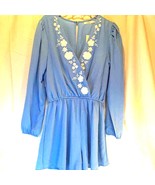 Mi Ami Womens Romper Blue White Floral Embroidered Long Sleeve V Neck S New - $27.21 CAD