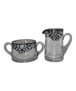 VINTAGE MID-CENTURY GLASS CREAMER PITCHER &amp; OPEN SUGAR BOWL W.SILVER OVE... - $30.55 CAD