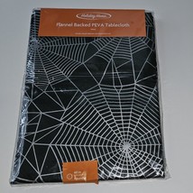 NEW Black Silver Spiderweb Halloween Flannel Backed PEVA Tablecloth 60&quot; ROUND - £7.36 GBP