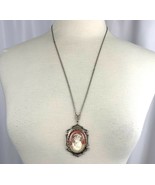 Cameo Pendant Necklace Vintage Lady Looking in Mirror Silver Tone Long - $39.55