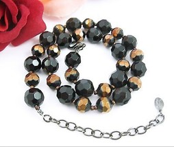 Vintage Necklace Black And Goldtone Stripe Glass Faceted Beads Signed Js - £22.67 GBP
