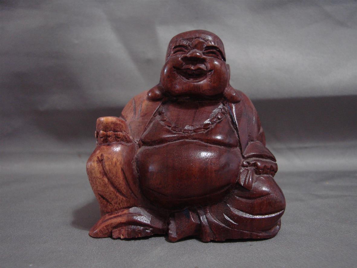 Small Wooden Laughing Happy Buddha Statue Hand Carved  - $7.99