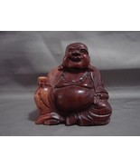 Small Wooden Laughing Happy Buddha Statue Hand Carved  - $7.99