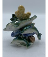 Three Dolphins Figurine Small Approx 4 Inch Ceramic Blue Gray Beautiful - €17,36 EUR