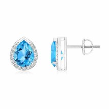 Swiss Blue Topaz Pear Stud Earrings with Diamond in 14K Gold (Grade-AAA , 7x5MM) - £619.98 GBP