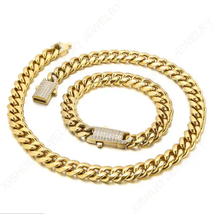 2 piece Cuban Chain  Hip Hop jewely iced out paved Rhinestones CZ Bling ... - £66.56 GBP