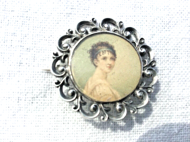 Antique Portrait Miniature Sterling Silver Pin Hand Painted Painting Under Glass - £84.42 GBP