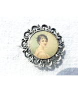 Antique Portrait Miniature Sterling Silver Pin Hand Painted Painting Und... - £84.39 GBP