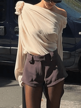 Wicked Silk Beige Chiffon One Shoulder Flower Elegant Chic Top - S - $30.00