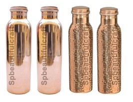 Handmade Copper Water Drinking Bottle 2 Hammered 2 Plain Bottle Health Benefits - £49.62 GBP