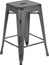 Flash Furniture Commercial Grade 24&quot; High Backless Distressed Silver Gray Metal - £79.00 GBP