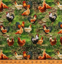 Cotton Chickens Hens Roosters Farms Animals Green Fabric Print by Yard D363.48 - £11.95 GBP