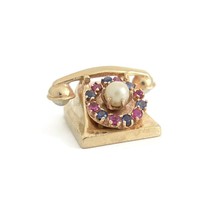 Vintage 1950&#39;s Pearl Ruby Sapphire Telephone Charm 14K Yellow Gold, 10.64 Grams - £1,194.81 GBP