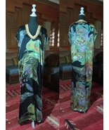 Gandoura, Satin silk embroidered V neck kaftan with Gold, Floral hippie ... - £101.98 GBP