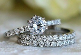 White Moissanite 3.50Ct Round Bridal Ring Trio Set White Gold Finish in Size 8.5 - $175.17