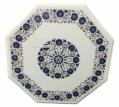 24&quot; White Marble Coffee Table Top Marquetry Lapis Lazuli Inlay Living Room Decor - £1,042.35 GBP