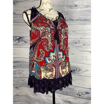 Bila Sleeveless Embroidered Ruffle Boho Shirt Womens Size S Red Rayon Tie Neck - $13.36