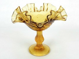 Amber Glass Compote, Swirled Amber Glass With Ruffled Top Compote, Candy... - $8.77