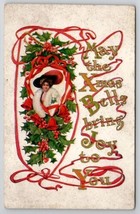 Christmas Greetings Pretty Lady Red Ribbons And Bells Of Joy Postcard Q28 - $5.95