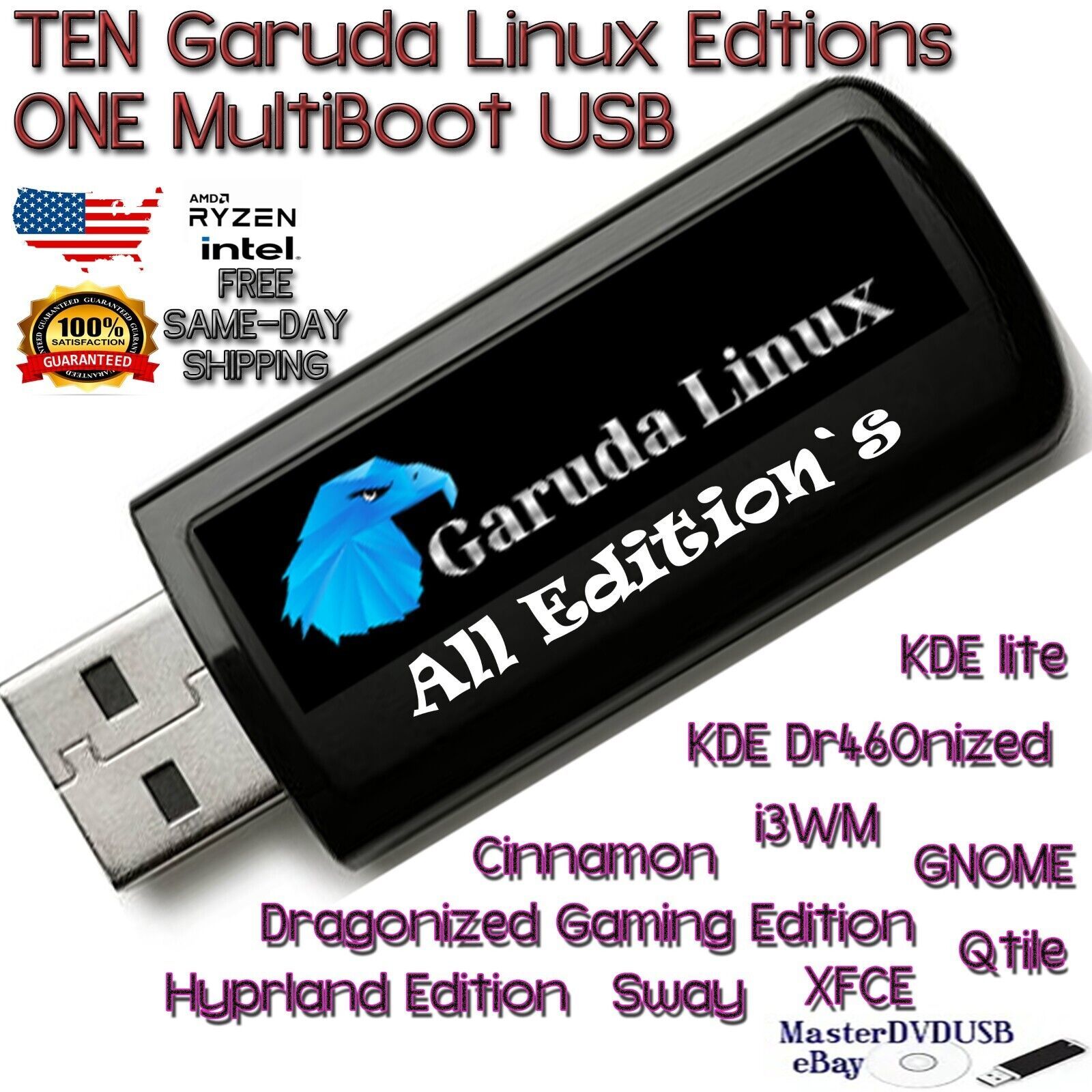 Garuda Linux 10-in-1 All Editions Multi-boot USB 32GB Fast Shipping US Seller! - £11.72 GBP