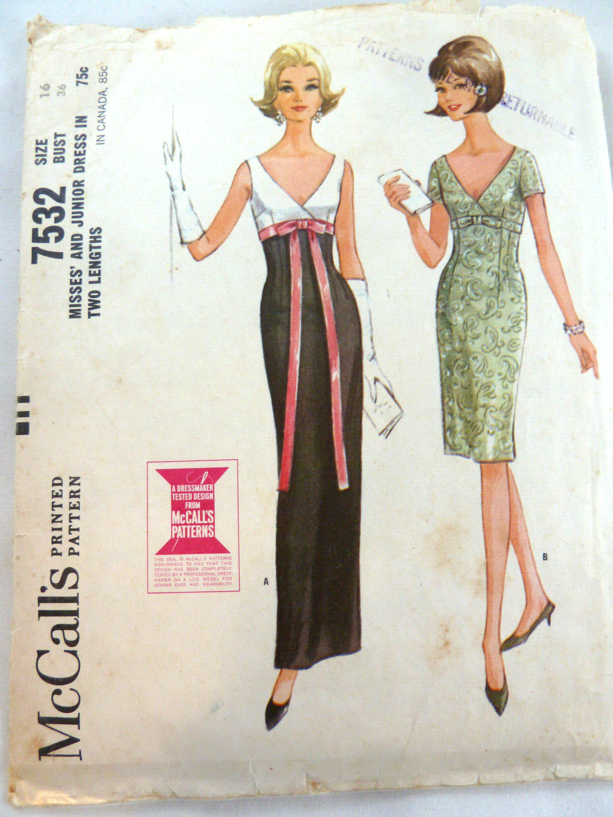 McCalls 7532 Cross over empire style fitted dresses Size 16 women low cut 1960s - £7.76 GBP