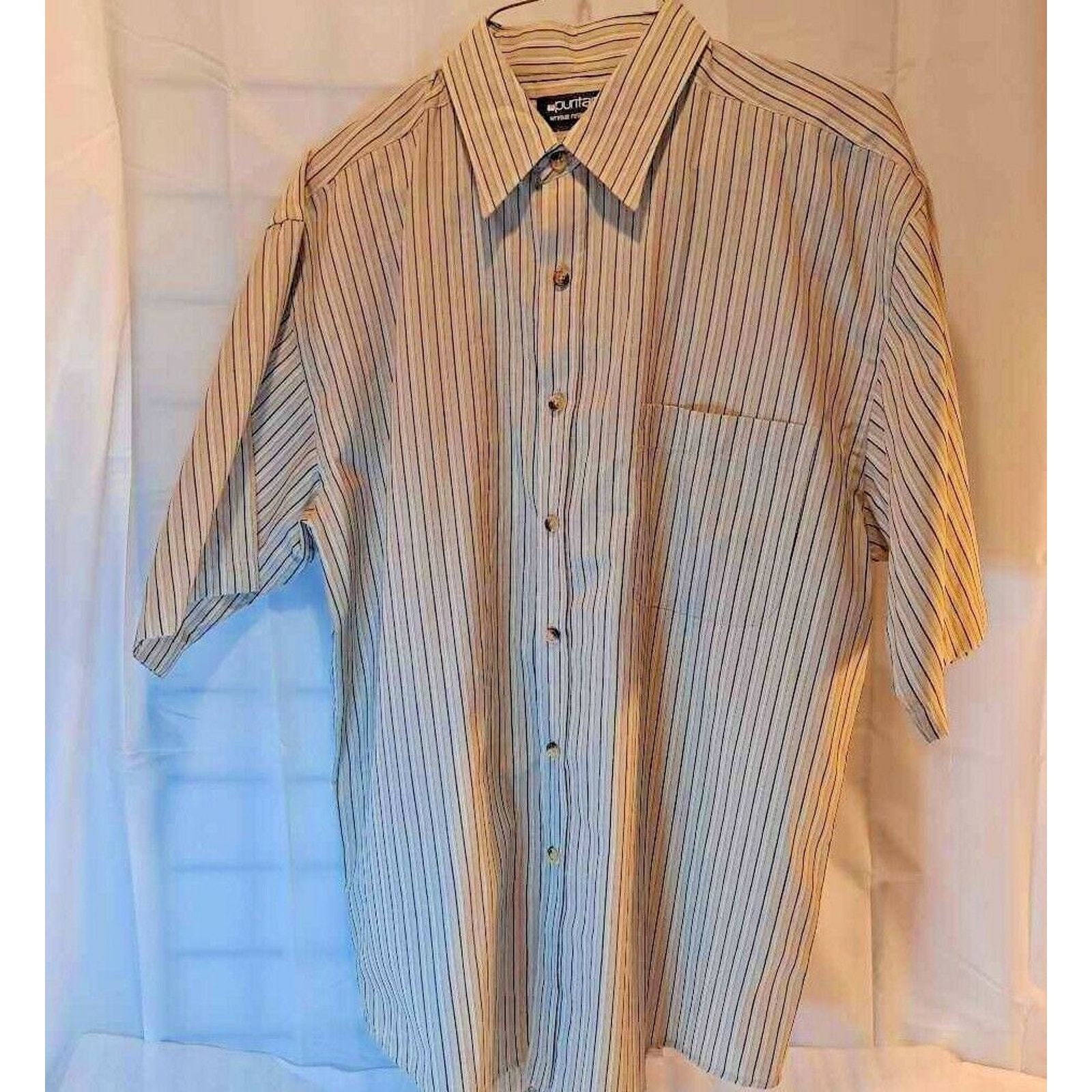 Puritan Men&#39;s Button Front Shirt Beige Navy Striped Short Sleeve M 38/40... - $9.89