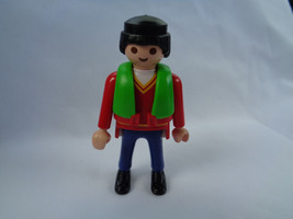 Vintage 1992 Playmobil Replacement Figure Black Hair Red Blue Outfit Green Vest - £1.98 GBP