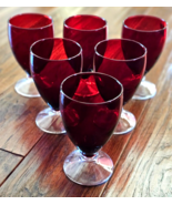 6 RUBY RED Glass Wine / Water Goblets With Clear Stem - £30.37 GBP
