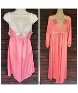 Vintage Pink Gown &amp; Robe Set Small 2 Piece Sleepwear All Nylon Duster Pe... - £53.60 GBP