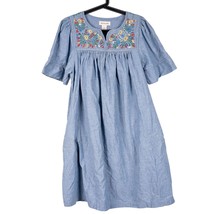 Bechamel Patio Dress S Womens Blue Floral Embroidered Short Sleeve Pockets House - £18.83 GBP