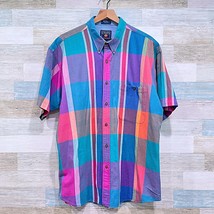 CHAPS Ralph Lauren Vintage 90s Colorful Plaid Shirt Blue Pink Cotton Mens XL - $49.49