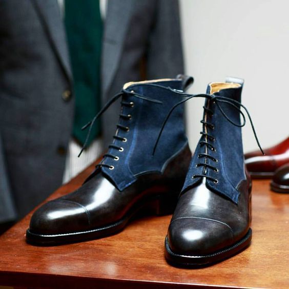 NEW Handmade Men Navy Blue Black Suede Leather boot, lace up Cap Toe Ankle High
