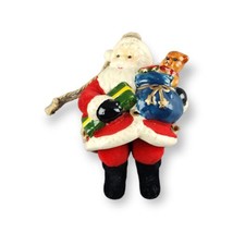 Santa Claus Christmas Ornament Flocked Coat Ceramic Bell with Dangle Legs  - £14.32 GBP