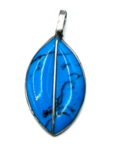 Vintage 70&#39;s Stainless Steel Turquoise Blue Enamel Inlay Leaf Pendant - £11.14 GBP