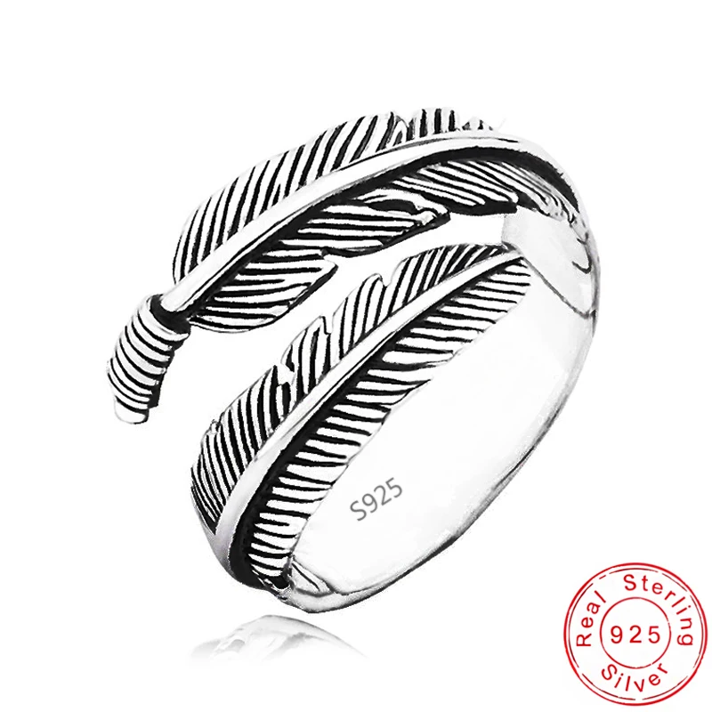 New Fashion Antique 925 Sterling Silver Feather Rings Vintage Adjustable Leaf Wi - £13.60 GBP