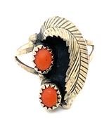 Vintage Sterling Silver Native American Double Coral Stone Leafy Ring Si... - $57.02 CAD