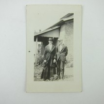 RPPC Photo Postcard Young Man &amp; Woman Glasses Stand Outside House Antique 1910s - £7.51 GBP