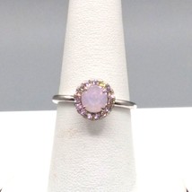 Pink Opalite Solitaire Ring with CZ Halo on Silver Tone Band - £28.55 GBP
