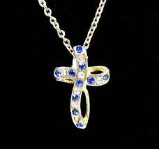 Blue &amp; Clear Rhinestone Cross Pendant Necklace Vintage Goldtone 18&quot; Chain Sign - £16.61 GBP