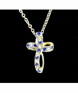 BLUE &amp; CLEAR RHINESTONE CROSS Pendant  Necklace Vintage Goldtone 18&quot; Cha... - $20.78