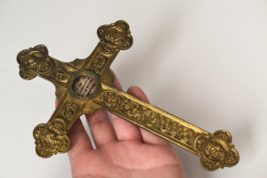 ⭐ RARE French antique 19th C Reliquary Cross,bronze crucifix w relics of... - £951.93 GBP