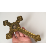 ⭐ RARE French antique 19th C Reliquary Cross,bronze crucifix w relics of... - £933.29 GBP