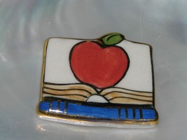 Estate Painted Ceramic with Gilt Accents Red Apple On Open Book Teacher Pin - £6.86 GBP