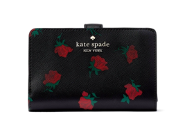 New Kate Spade Madison Rose Toss Printed Medium Compact Bifold Wallet Black - £55.72 GBP
