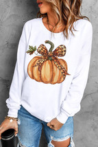 Beige Leopard Bowknot Pumpkin Graphic Crewneck Sweatshirt - $20.25