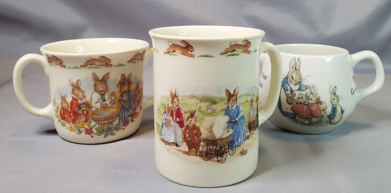 Primary image for Royal Doulton Bunnykins Wedgwood Peter Rabbit Lot of 3 Mugs Christening 2 Handle