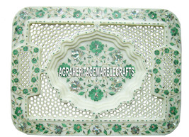 15&quot;x10&#39;&#39; Marble Tray Plate Lattice Art Inlay Malachite Floral Mosaic Dec... - $488.27