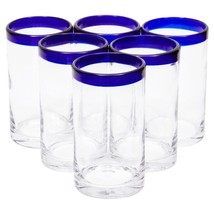 Set Of 6 Blue Rim Mexican Glassware 14 Oz Cobalt Hand Blown Drinking Glasses - £68.72 GBP