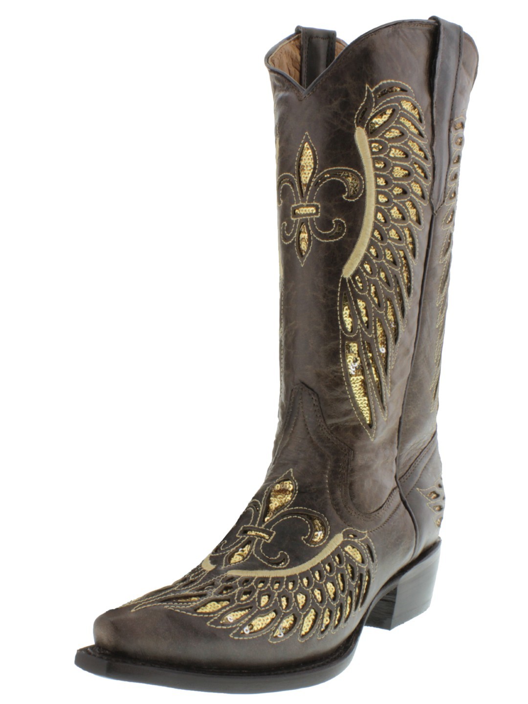 Womens Western Boot Brown Leather Gold Sequin Fleur-De-Lis Wing Size 5,6... - $97.00