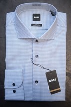 HUGO BOSS Uomo Max Sharp Fit Blu Scozzese Cotone Organico Camicia 42 16.5 34/35 - £51.15 GBP